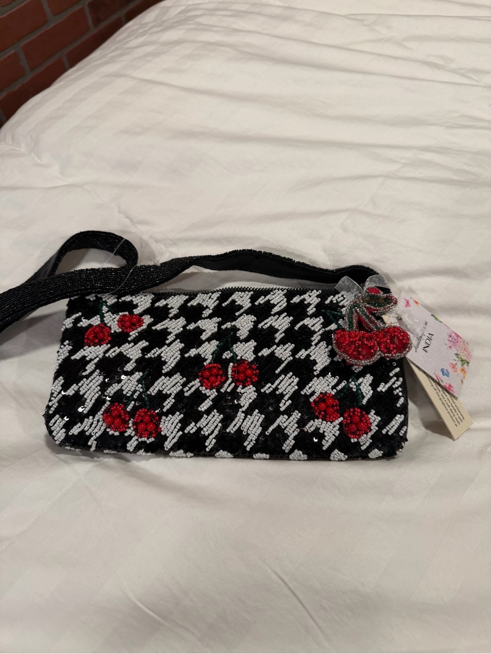 Black & White Houndstooth Bag with Red Cherry Beading